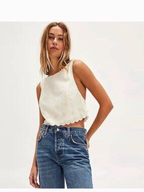 NWT Free People Kayla Solid Embroidered Top White Back Tie XL 100% Cotton